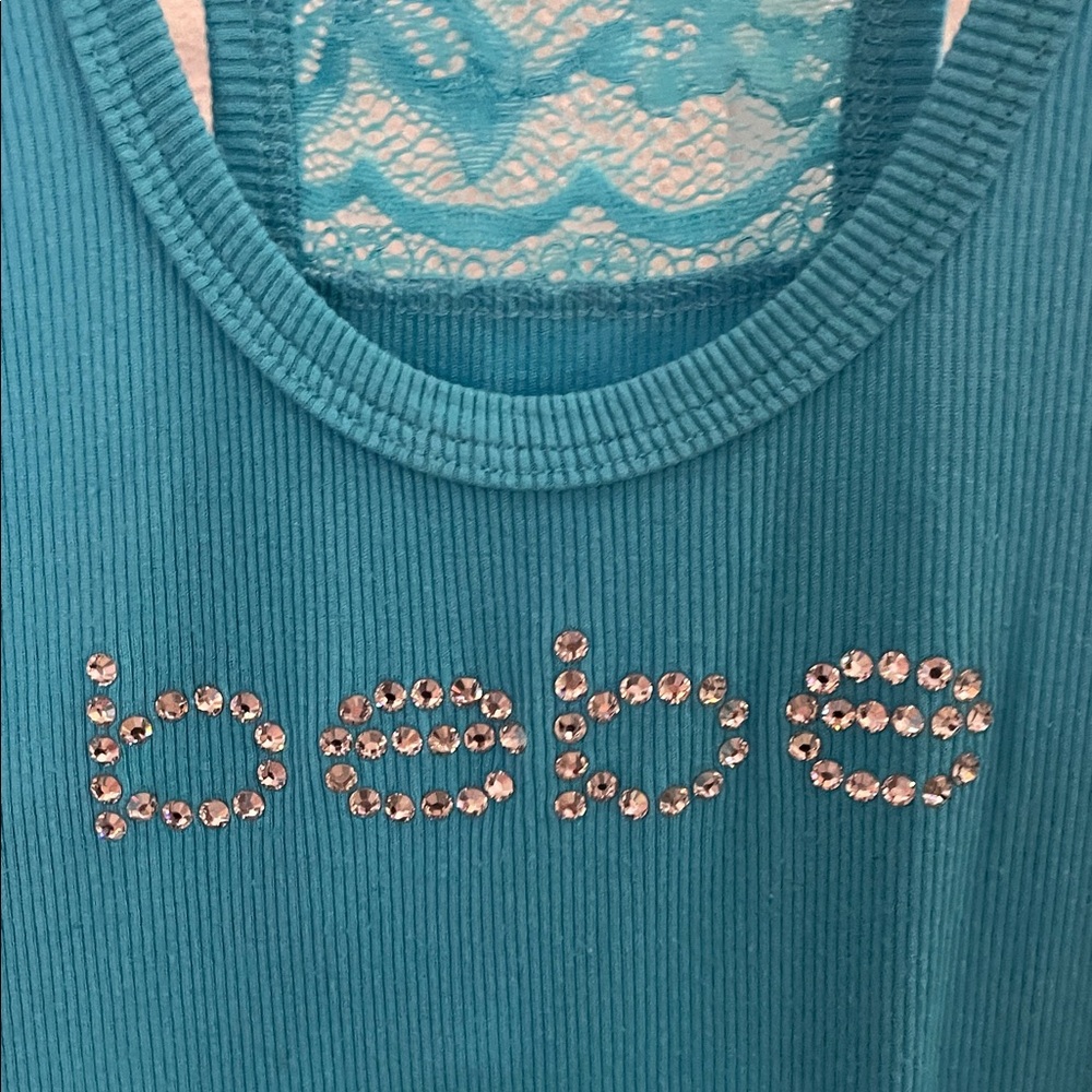 bebe Turquoise Lace-Back Rhinestone Logo Tank - Picture 2 of 5